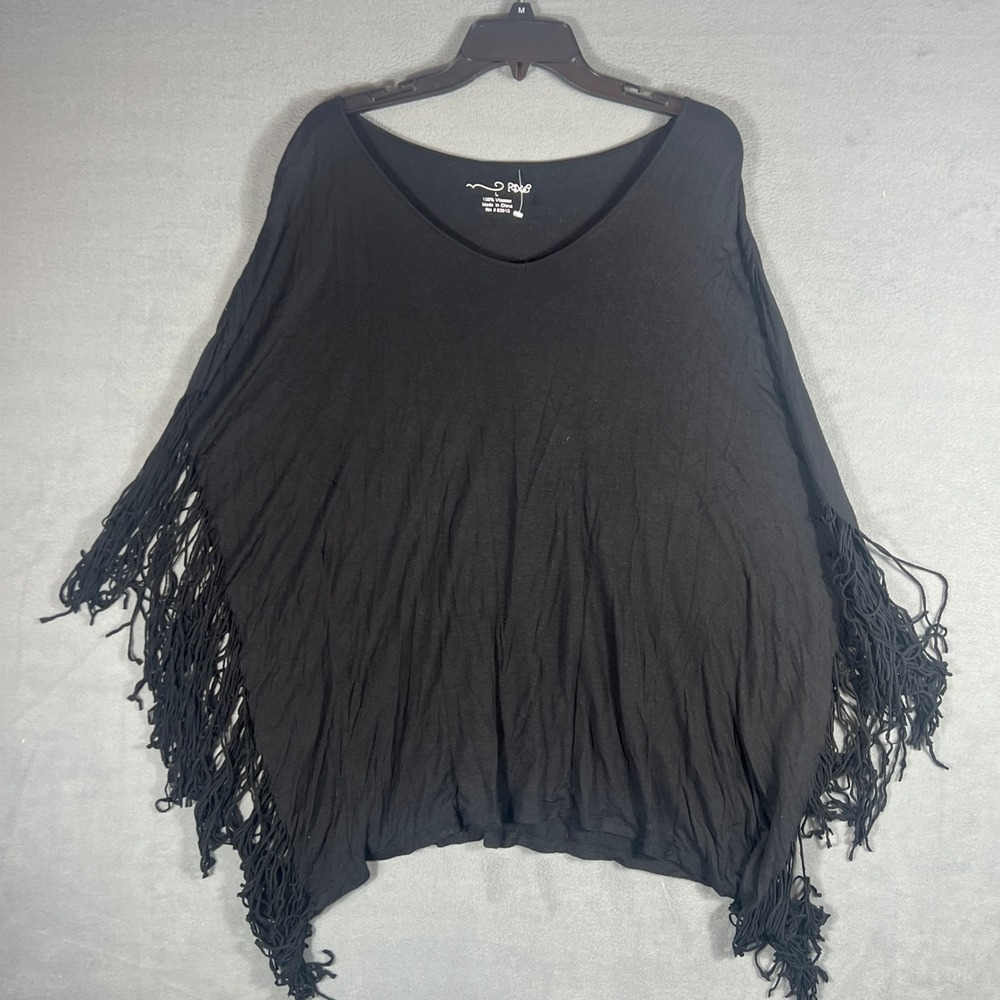 RXB Womens Poncho Top L Black Solid Oversized Fringe Short Sleeve V-Neck Boho